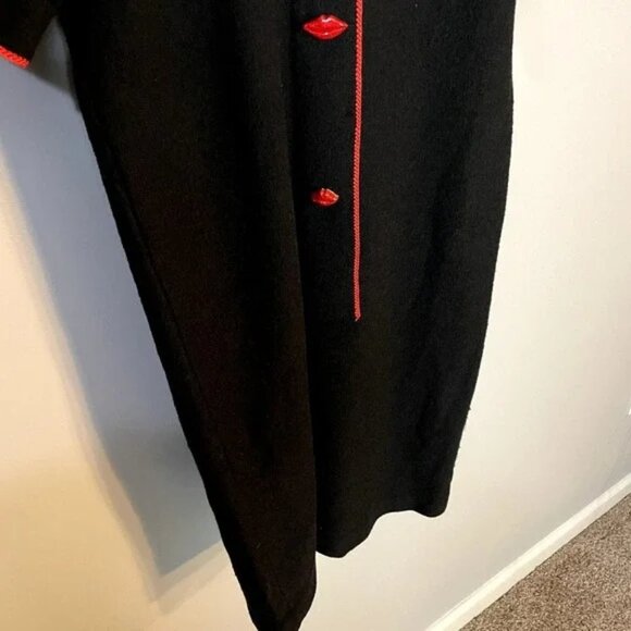 Steve Fabrikant Red Lips Funky Vintage Black Wool Short Sleeve Midi Dress SZ 10 - Picture 7 of 15